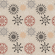 Christmas Seamless Pattern. Brown And Orange Snowflake Signs On Beige Background. Winter Theme Retro Texture. Chocolate Snow. Vector Illustration
