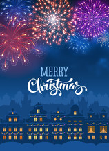 Festive Firework Bursting In Various Shapes And Colors Sparkling On Blue Sky Background Over The Cityscape. Vector Illustration.