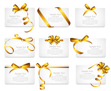 Card With Gold Ribbon And Bow Set. Vector Illustration