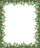Fototapeta Konie - Christmas border with green mistletoe and holly branches. Original watercolor hand drawn pattern.