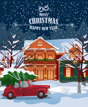 Merry Christmas Illustration. Christmas Landscape Card Design Of Retro Red Car With Christmas Tree On The Top.