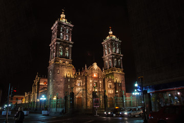 Wall Mural - Illuminated Catholic Cathedral in Puebla