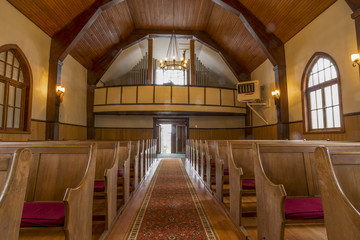 CHURCH, FRUTILLAR-NOV 16, 2015: located in southern Chile in the Los Lagos Region. The bay of Frutillar is placed on the banks of Lake Llanquihue, the largest lake entirely within Chile.