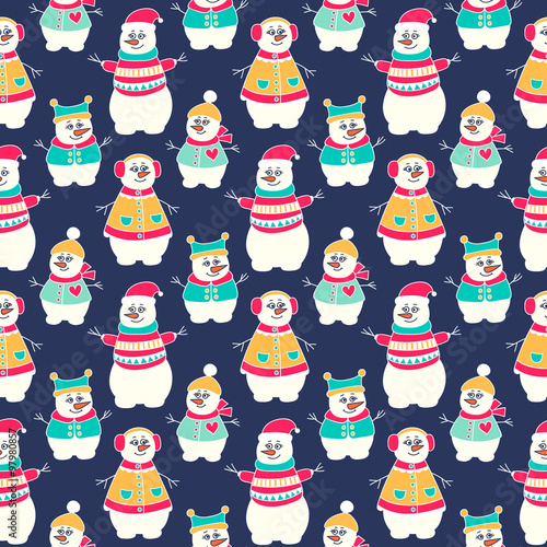 Materiał do szycia Winter Schneemann Musterdesign. Hand gezeichnet doodle Schneemänner-Familie. Helle Farben - rot, gelb, grün und weiß.