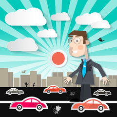 Wall Mural - Big Man in the City - Businessman Walking on Street with Cars in Town Vector Illustration