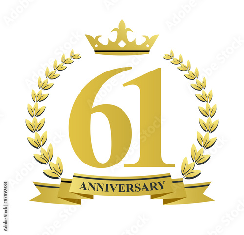 Poster 61 anniversary with golden wreath, ribbon and crown