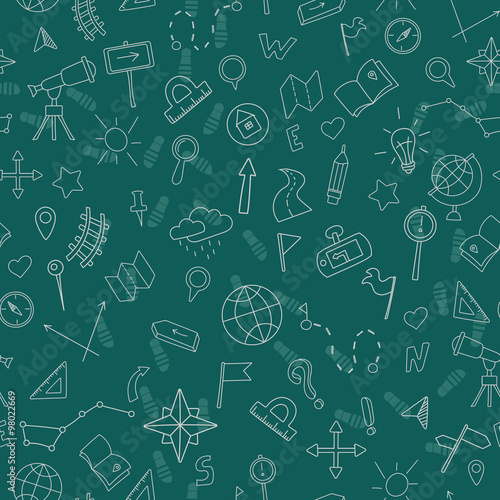 Fotografia Seamless pattern with hand drawn signs on the theme of geography and travel, whi