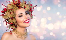 Christmas Woman - Fashion Model With Golden And Red Hairstyle And Makeup
