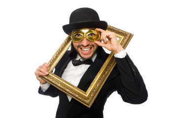 Wall Mural - Funny man with picture frame on white