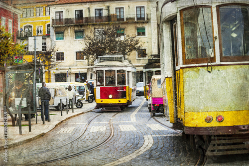 Naklejka na szybę old tram in Lisbon - retro picture