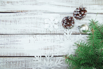 Wall Mural - Christmas decoration frame on white rustic wooden background wit