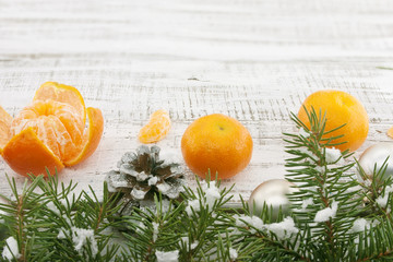 Wall Mural - Composition with mandarins and Christmas tree on white rustic wo