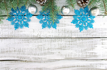 Wall Mural - Composition with decorated Christmas tree on white rustic wooden
