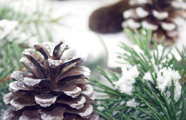 Wall Mural - Composition with Christmas tree and pinecone on white rustic woo