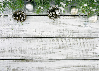 Wall Mural - Composition with decorated Christmas tree on white rustic wooden