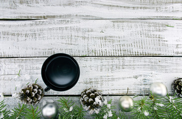 Wall Mural - Composition with decorated Christmas tree on white rustic wooden