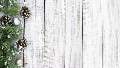 Wall Mural - Composition with decorated Christmas tree on white rustic wooden