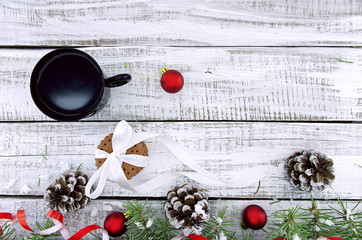 Wall Mural - Composition with decorated Christmas tree, cup with coffee