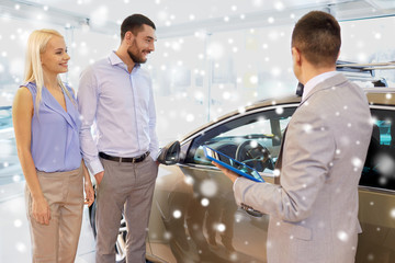 Poster - happy couple with car dealer in auto show or salon