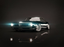 Black Tuned Muscle Car On Black Background