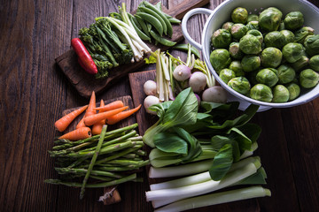 Wall Mural - Fresh vegetables on cutting rustic boards