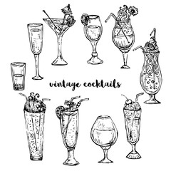 Collection of vintage cocktails. Retro hand drawn vector illustration