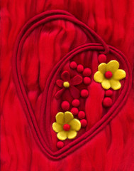 Wall Mural - The stylized heart, beads and yellow flowers. Background made of red wool for felting. Valentine for masters felting.