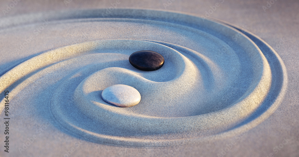 Yin Yang Motiv - Steine im Sand 2 - obrazy, fototapety, plakaty 