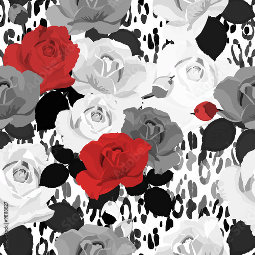 Fototapeta na wymiar Geometric seamless pattern with red, white, gray roses on animal skin background