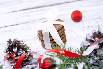 Wall Mural - Composition with decorated Christmas tree, cup with coffee 
