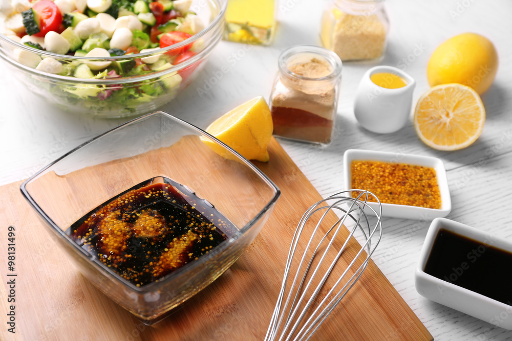 Process of preparing sauce for salad, at kitchen