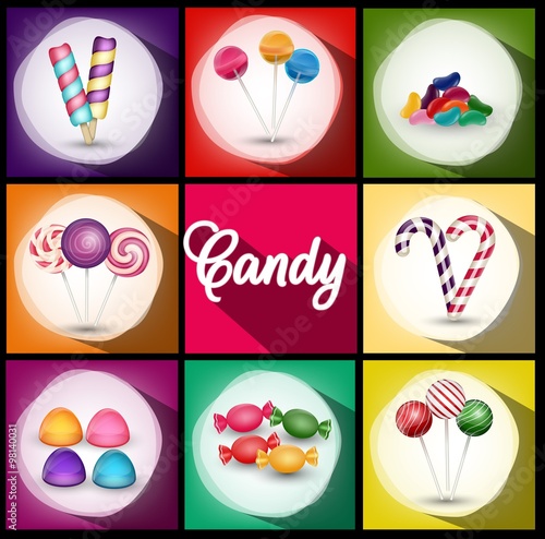Naklejka - mata magnetyczna na lodówkę Set of brochures with sweets. Backgrounds with ice cream, candies, lollipop.