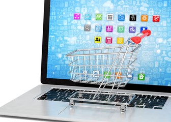 Shopping cart on laptop. 