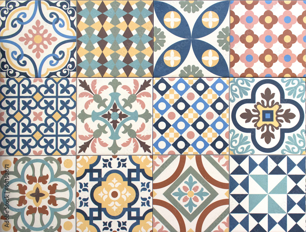 colorful, decorative tile pattern patchwork design - obrazy, fototapety, plakaty 