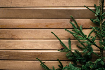 fresh green christmas tree branches on wooden planks, natural wo