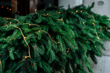 Stylish Luxury  Christmas Garland Lights On Window And Green Pin