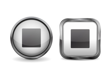 Wall Mural - buttons. white shiny glass round and square button with metal frame. stop icon.
