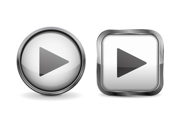 Buttons. White shiny glass round and square button with metal frame. PLAY icon. 