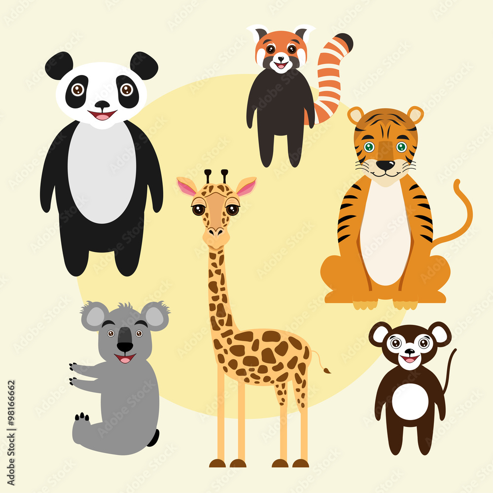 Set of cartoon vector animal characters. Panda, lion, koala, red panda ...