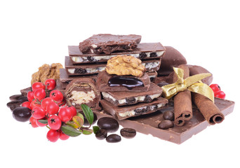 Wall Mural - chocolate with nuts isolated on white background.Selective focus