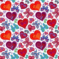 Wall Mural - Seamless valentine pattern with colorful vintage red and blue butterflies, flowers, hearts. Vector illustration