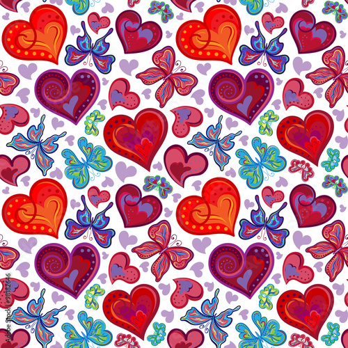 Cotton fabric Seamless valentine pattern with colorful vintage red and blue butterflies, flowers, hearts. Vector illustration