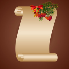 Vector.Christmas scroll with a branch of mountain ash, bow and f