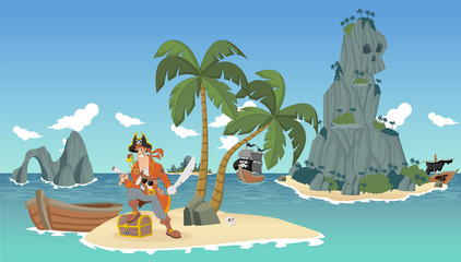 Wall Mural - Cartoon pirates on a beautiful tropical beach with gold chest