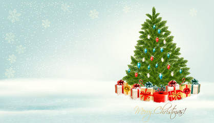 Poster - Christmas tree with presents background. Vector
