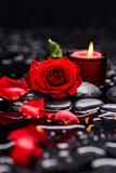 Fototapeta Kwiaty - Set red rose ,petals with red candle and therapy stones ,