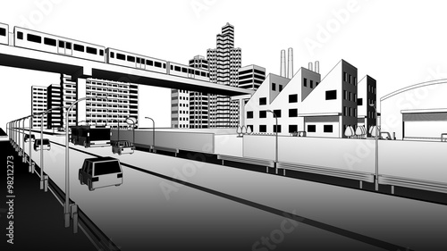 モノトーンの線画の工場と電車と車道の風景 Buy This Stock Illustration And Explore Similar Illustrations At Adobe Stock Adobe Stock
