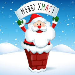 Merry Xmas, Santa Claus into the chimney with placard, in snow scene