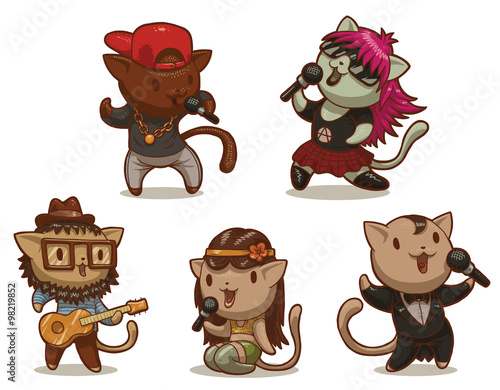 Vector Set of five cats singing songs in different styles. Set of five funny cats singing songs