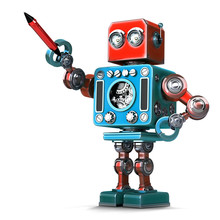 Vintage Robot With Pen. Isolated. Contains Clipping Path